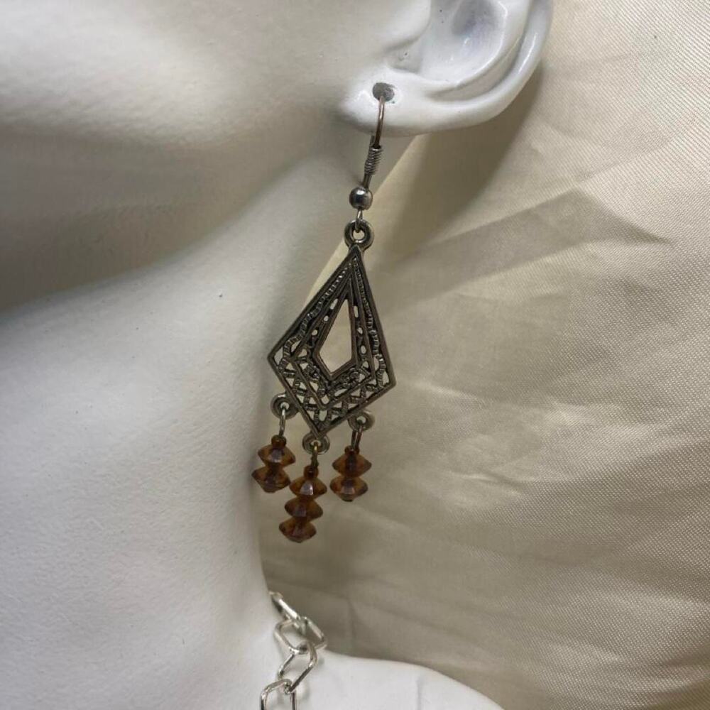 Vintage 1970s Silver Tone Filigree Dangle Earrings Amber Brown Beads